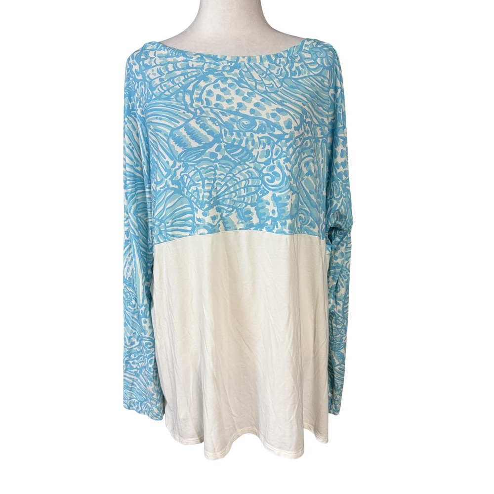 Lilly Pulitzer T Shirt Womens XXL Blue White Colorblock Long Sleeve Tunic Top